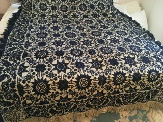 Vintage Woven Antique Jacquard Indigo Wool Cotton Coverlet.  1846.  Ohio