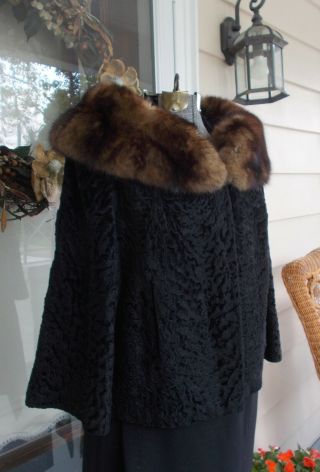 Vintage Black Persian Lamb Short Jacket Coat With Sable Fur Collar M/l Gorgeous