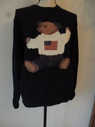 Vintage Ralph Lauren Handknit Blue Bear Sweater With Usa Flag Size Sm