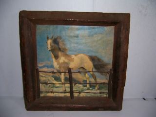 Vintage Horse Print With Barbed Wire Fence Western Folk Art 19 1/2 " X 20 1/4 "