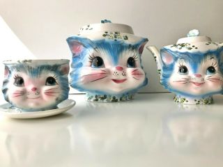 Lefton Miss Priss Cat Kitty China Bundle Teapot Cookie Jar Jam Jelly Jar Vintage