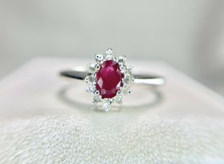 Vintage 14k White Gold Natural Oval Red Ruby Round Single Cut Diamond Halo Ring
