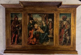 Vintage Hand Painted Gold Gilt Wood Framed Religious Triptych