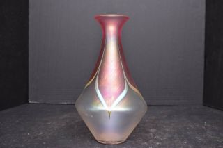 Vintage Signed Stuart Abelman Art Glass Iridescent Pulled Feather Luster Vase 8 "