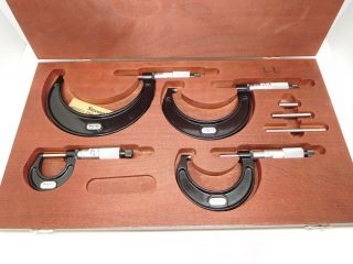 Vintage Starrett No.  436 Outside Micrometer 4 Pc Set In Wood Box (1 