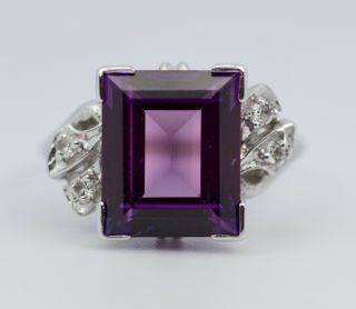 Vintage 10k White Gold Emerald Cut Purple Amethyst And Diamond Ring Size 8.  25