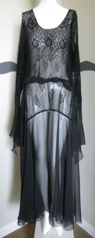 Vintage 1930s Dress Gown Silk Chiffon Lrg Sz