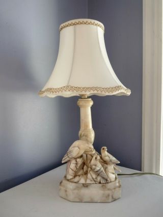 Vintage Antique Lovely Marble Alabaster Lamp W Birds Family - Italy