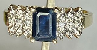 Vintage Nissko 14k Yellow Gold Emerald Cut Blue Sapphire Round Diamond Ring 6.  25