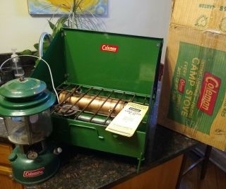 Vintage 1948 Coleman 2 Burner 425 Camping Stove With Orig Box And 1974 Lantern