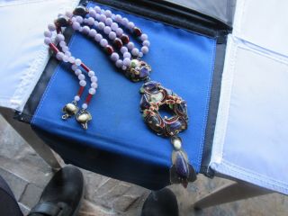Vintage Rare Enamel Huge Floral Stones,  Beads,  Pendant Necklace