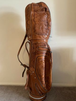 Vintage Brown Leather Golf Bag Indian Head