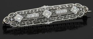 Vintage 14k White Gold Elegant 0.  69ct Vs Diamond Filigree Bar Brooch