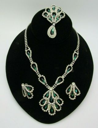 Vintage 1950 Signed Hobe Emerald Green Rhinestone Necklace Brooch Earrings Set