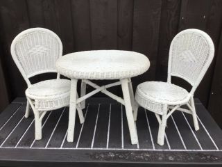 Vintage White Wicker Rattan Table Set 2 Chairs Child Size Play Tea Party Age 2 - 5