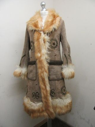 Womens Vintage Afghan Silk Embroidered Leather Sheepskin Coat Jacket Size 12