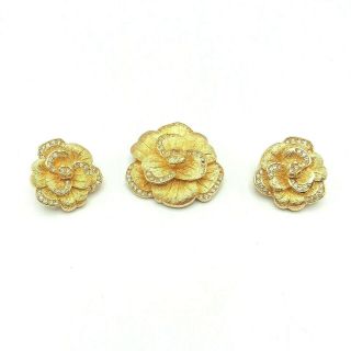 Vtg Christian Dior Demi Parure Brooch Clip Earrings Gold Tone Flower Dimensional