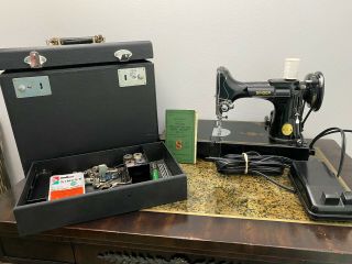 Vtg 1948 Singer Featherweight 221 - 1 Sewing Machine W Case Attachments