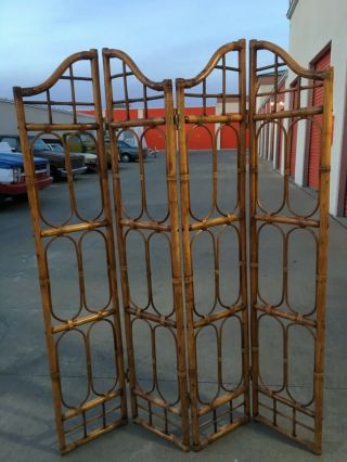 Vintage Bamboo Rattan Room Divider Folding Privacy Screen Brass Hinges Boho