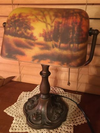 Vtg Reverse Painted Forest Scene Glass Shade Banker Student Table Ornate Lamp