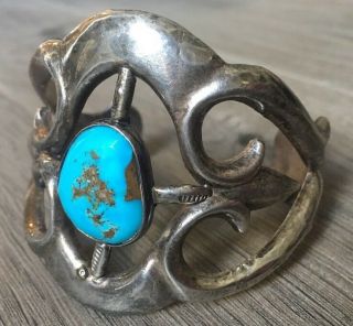 OLD HEAVY (3.  20 OZ) VINTAGE NAVAJO BISBEE TURQUOISE & STERLING SANDCAST CUFF 2