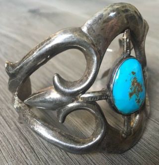 OLD HEAVY (3.  20 OZ) VINTAGE NAVAJO BISBEE TURQUOISE & STERLING SANDCAST CUFF 5