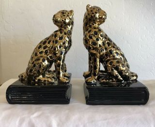 Vintage Hollywood Regency Leopard Bookends,  Cheetah Bookends,  Black And Gold