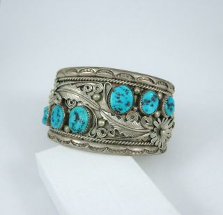 Vintage Navajo Sterling Silver Turquoise Wide Cuff Bracelet 105g