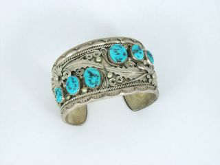 Vintage Navajo Sterling Silver Turquoise Wide Cuff Bracelet 105g 2