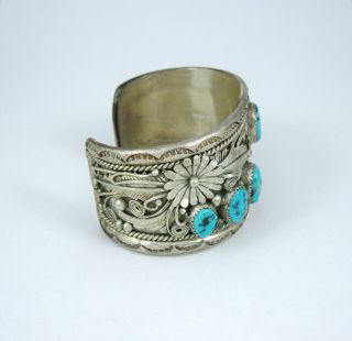 Vintage Navajo Sterling Silver Turquoise Wide Cuff Bracelet 105g 5