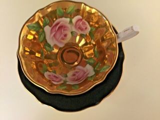 Vintage Queen Anne Bone China England Floating Pink Roses On Gold With Black Tea