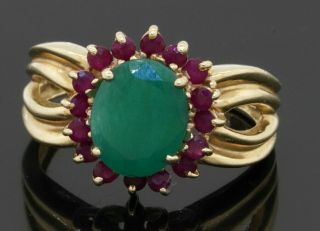 Vintage Heavy 14k Gold 3.  50ctw 9.  9 X 8mm Emerald & Ruby Cluster Cocktail Ring
