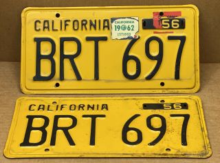 Rare Pair 1956 Dmv Clear Brt 697 (california) Car License Plate - Vintage