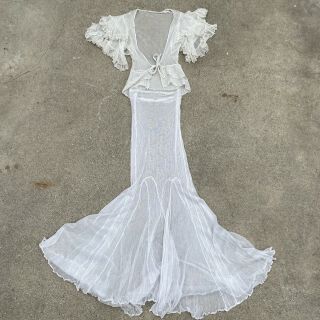 Antique 1930s White Net Dress Set Ruffly Sleeves Deco Bias Cut Mesh Vintage