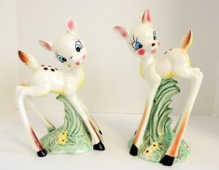 2 Vtg Deer Kitsch White Long Leg Bambi Figurines Fawn Japan Ceramic Porcelain