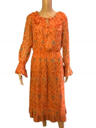 Vtg 1970s Treacy Lowe Gauzy Silk Chiffon Orange Floral Abstract Dress India M 10