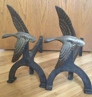 Vtg Lodge Fireplace Brass Flying Duck Andirons Heavy Iron Mission Arts Crafts