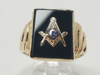 Mens 10k Solid Yellow Gold Black Onyx w/ Masonic Sign Vintage Ring Size 10.  25 2