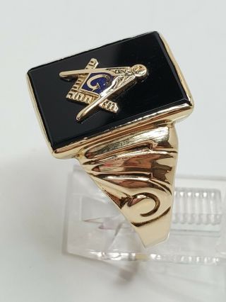 Mens 10k Solid Yellow Gold Black Onyx w/ Masonic Sign Vintage Ring Size 10.  25 3