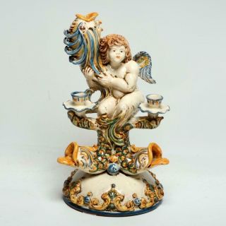 Vintage Italian Majolica Candelabra Centerpiece W/ Putto & Dolphins,  Signed