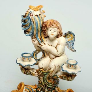 VINTAGE ITALIAN MAJOLICA CANDELABRA CENTERPIECE W/ PUTTO & DOLPHINS,  SIGNED 2