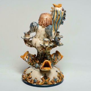 VINTAGE ITALIAN MAJOLICA CANDELABRA CENTERPIECE W/ PUTTO & DOLPHINS,  SIGNED 3