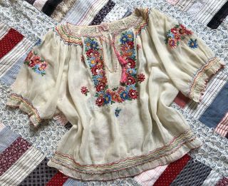 Vintage 1930s 40s Sheer Cotton Gauze Hungarian Embroidered Peasant Blouse Deco
