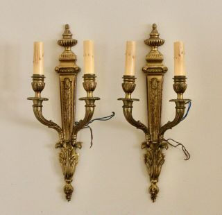 Vtg French Empire Gilt Bronze 2 - Arm Candle Wall Light Sconces 17 "
