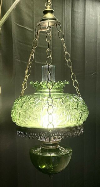 Vintage Green Floral Glass Hurricane Oil Lamp Hanging Light Electrified Rare