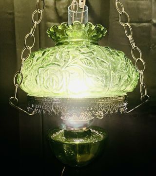 Vintage Green Floral Glass Hurricane Oil Lamp Hanging Light Electrified RARE 2