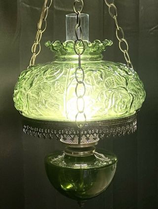 Vintage Green Floral Glass Hurricane Oil Lamp Hanging Light Electrified RARE 3