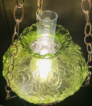 Vintage Green Floral Glass Hurricane Oil Lamp Hanging Light Electrified RARE 4