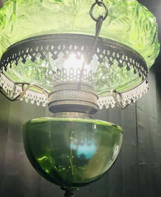 Vintage Green Floral Glass Hurricane Oil Lamp Hanging Light Electrified RARE 5