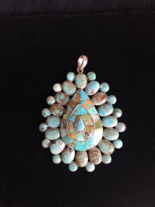 Vintage Large Navajo Sterling Silver Turquoise Cluster Necklace Pendant